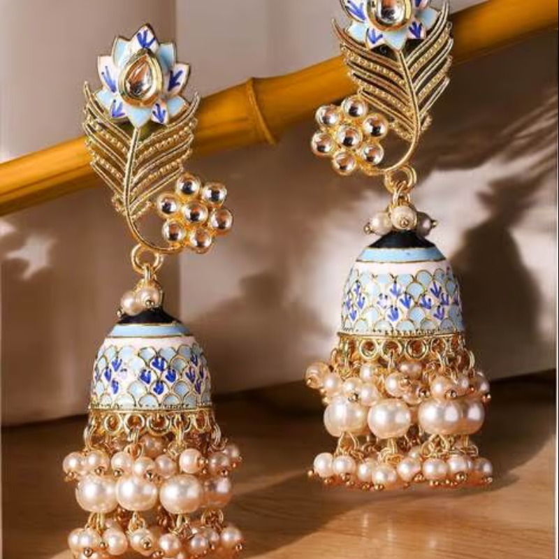 Women Enameled Stone-Studded Jhumkas