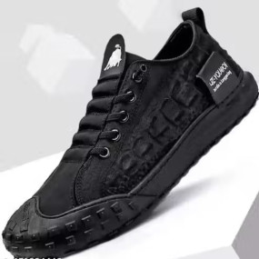 Black Canvas Lace-Up Sneakers with Rubber Sole - Stylish & Comfortable Footwear