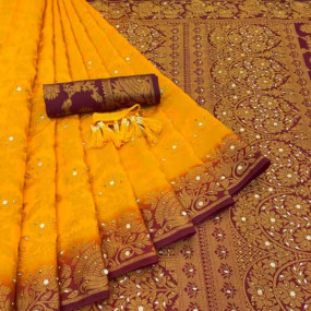 BANARASI SILK SAREE WITH STONE WORK WITH UNSTICHED TASSELS & LATKAN