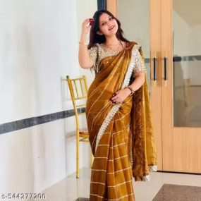 Women Gold Silk Heavy Embroidery Sequence And Real Mirror Worked Saree With Blouse