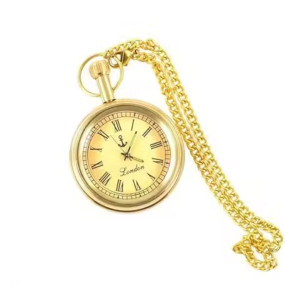 Vintage Brass Pocket Watch with Chain, Roman Numeral Dial, Round Shape, Golden Finish,