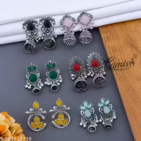 Combo of 6 Pair New Latest Design Drop & Dangles Hoop Jhumki Oxidised Silver Earrings for women/girls