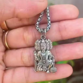 Trending Stylish silver plated Religious punch Mukhi Hanuman bajrang Bali locket pandent chain Nacklace for boy and girl panchmukhi new design