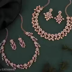 Jewellery Rose Gold & Gold Polished With White & Blue AD Choker Necklace Set with Matching Earrings.