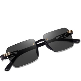 Designer Rimless Rectangular Sunglasses, Black Frame with Gold Accents, UV Protection