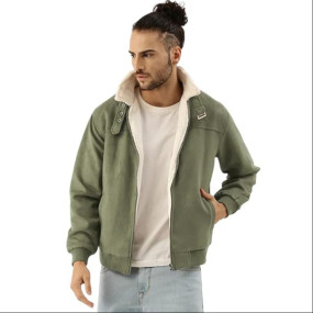 Campus Sutra Men's Fur-Lined Suede Bomber Jacket For Casual Wear | High Neck | Long Sleeve | Zipper Closure | Jacket Crafted With Comfort Wear For Everyday Wear