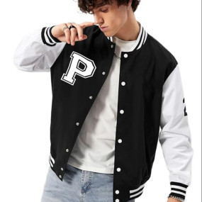 Men’s Fleece Varsity Bomber Jacket with Letter Patch Casual Baseball Style Coat, Lightweight Streetwear Outerwear