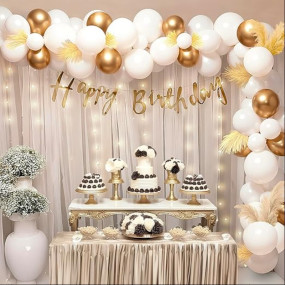 Happy Birthday Decoration Kit for Girls - 69 Pcs White & Gold Bday Backdrop for Decoration, White Net Curtain, Gold Happy Birthday Banner