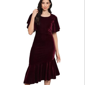 Bodycon Party Dress for Women Ruffles Sleeves | Shiny Velvet Fabric Fish Cut Ruffle Bottom Detailing Stylish Casual Outfit