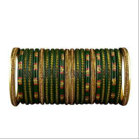 Traditional Green Muzafferpuri Lakh Bangles Set for Women | Bridal & Festive Kada Chura with Golden Detailing | Ethnic Indian Wedding Glass Look Bangles 12 Pcs