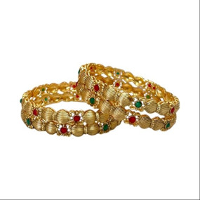 ACCESSHER Gold Plated Pink & Green Artificial Stone-Studded Bangles for women and girls (Set of 4)