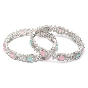 Plated Silver Toned American Diamond Square Shaped studded Bangle Jewellery Set for Girls and Women (Set Of 2)