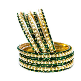 Swara Creations Traditional Gold Plated Metal Bangles Set for Women and Girls|12 Green Bangles and 6 Pearl Bangles