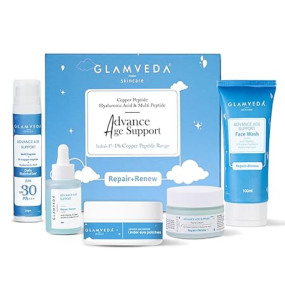 Glamveda 1% Copper Peptide & Hyaluronic Acid 5 Step Skincare Routine for Dull and Ageing Skin | Reduces Fine Lines & Wrinkles | Face Wash, Face Cream, Serum, Sunscreen, Under-Eye Patch