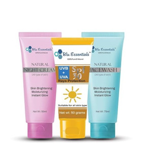 Blu Essentials Vitamin C Night Cream, Face Wash and SPF 30 Combo for Women and Men | Daily Routine | Acne, Oily Skin | Brightening & Glowing (Combo Pack 3)