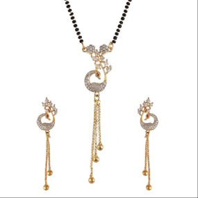Mangalsutra Stylish Peacock Design CZ Studded Gold Plated Tanmaniya Nallapusalu with Long Earrings for Women
