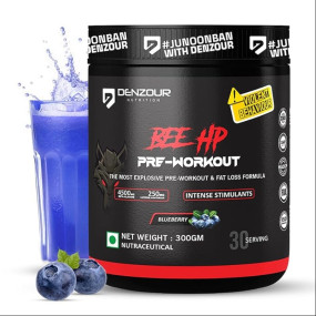 DENZOUR NUTRITION Bee-Hp Pre-Workout | 250mg Caffeine + 750mg Creatine + 4500mg Beta-Alanine | Muscle Pump & Fat Loss Formula | Blueberry Flavour | 300g | 30 Servings