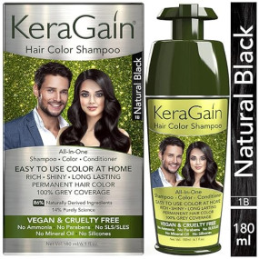 KERAGAIN Hair Color Shampoo (Natural Black,180Ml) PPD Free, Ammonia Free Permanent Hair Colour For Women & Men, |Vegan & Cruelty-Free| Keratin Treatment Included 9Package might Vary)