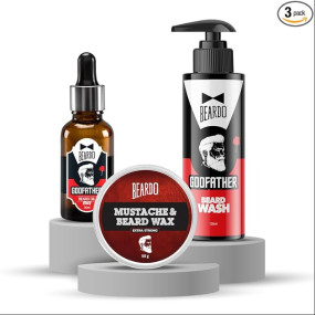 Beardo Grooming Kit for Men – Beard Wash, Beard Oil & Mustache Wax | Purifying, Hydrating & Styling Beard Care Combo | Non-Sticky Formula for Smooth, Shiny Beard – Pack of 3
