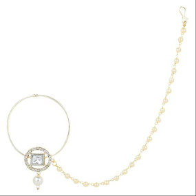 I Jewels Gold Plated Traditional Ethnic Bridal Nose Ring/Nath Without Piercing with Pearl Chain Encased with Pearl Stone for Women (NL63W)