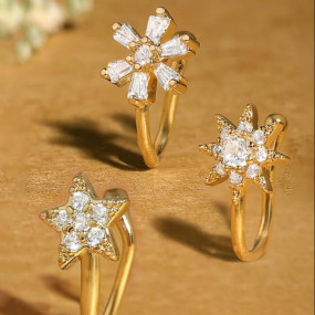 Set of 3 Gold Tone Cubic Zirconia Contemporary Brass Clip On Nose Pins For Women-ZPFK17364