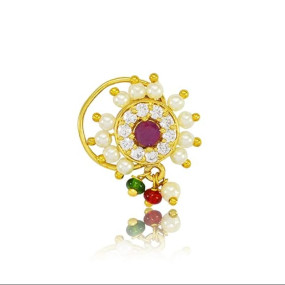 JEWELOPIA Maharashtrian Nath CZ Nose pin Traditional Bridal Nath Wedding Jewellery Marathi AD Nose Stud non piercing Pearl Gold Plated Clip On Press Nath Nose Ring For Girls