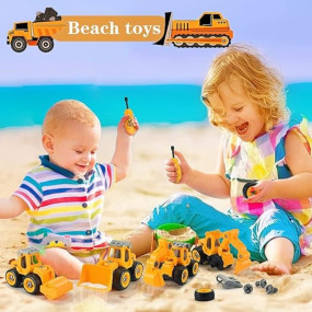 SUPER TOY 4 Construction Trucks Toys for 2 3 4 5 Year Old Boys DIY Disassemble and Assembly Excavator, Bulldozer, Ground Drill, Road Roller Educational Birthday Gift for Kids,Yellow