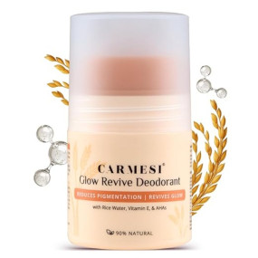 Carmesi Glow Revive Underarm Roll On Deodorant for Women | Brightens Skin, Reduces Pigmentation, Controls Odour | Rice Water, Vitamin E, 2% w/w Salicylic Acid & AHAs | 90% Natural | No Alcohol & Aluminium | 50 ml