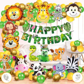 Zyozique Jungle Safari Birthday Decoration Kids,Animal Birthday Party Decoration Paper Bunting Banner with Balloons, Cake Topper,Foil Balloons, Cardstock Cutout,Glue & Arch Kit (Pack of 68)