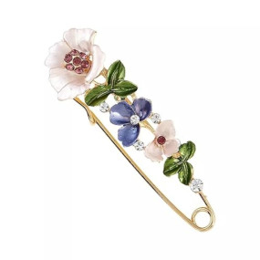Colorful Flowers Crystal Studded Fancy Saree Pins/Safety Pin Brooch | Flowers Brooch for Girls and Women | Hijab Scarf Pins