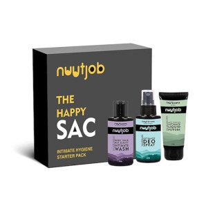 Nuutjob Intimate Hygiene Starter Pack for Men – Intimate Deo Spray, Wash & Liquid Powder | No Itch, Odour-Free Freshness | For Daily Use | The Happy Sac | 50 ml | 3 in1 kit