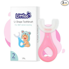 LITTLOO Baby U -Shaped Silicone Manual Tooth Brush With Soft & Elastic Bristles For Complete 360 Degree Dental Cleaning, Specially Designed For Toddlers & Children - (Pink)