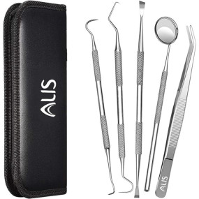 Alis 5 Pcs Dental PMT Set, Dental Tools includes 3 Dental Probes + Dental Tweezer + Mouth Mirror for Oral Care Stainless, Steel Dental Hygiene Kit Set