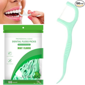 Athelas Pack of 100 Fresh Mint Dental Floss Picks | Dentist Designed & most convenient teeth Flosser for fresh Breath & complete oral plaque removal (Fresh Mint)