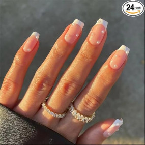 Gush Beauty Press On Nails | Reusable Extensions | Artificial Nails Set | Long Lasting Design | Glue Tabs and nail glue included | Pack of 24 Nails | For women (French Gems - Medium Square)