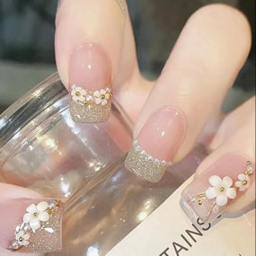 Secret Lives Acrylic Fake Reusable False Artifical Press On Nails Translucent Pink Color With Silverish Golden Glitter 3D Flowers And Pearl Design 24 Pieces With Kit