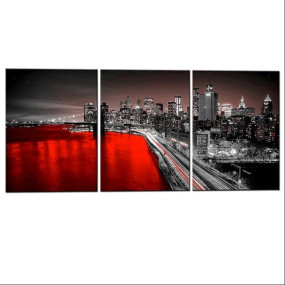 LevvArts 3 Panel New York City Wall Art Canvas Brooklyn Bridge Night View Picture Print Modern Black and Red City Poster Painting for Home Office Bedroom Decoration (Red, Small)