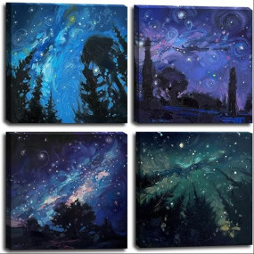 Blue Starry Night Canvas Wall Art Forest Tree Paintings Decor Abstract Nature Landscape Artwork Poster Prints Colorful Space Northern Lights Pictures Decoration for Bedroom Living Room Bathroom Office