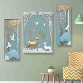 SAF deer Paintings for Wall Decoration - Set Of 3, 3d modern art Painting for Living Room Large Size with Frames for Home, Office painting 50.8 cm x 30.48 cm SANFJM36036-Engineered Wood