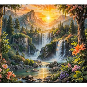 ArtX Canvas Step Waterfall Painting Vastu, Big Size Scenery, Water Stream, Mountain Painting Vastu Water Fall, Rising Sun Wall Decor, Multicolor, Nature, 58.0 X 45.0 cm, Set of 1