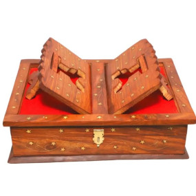 Handmade Wooden Rehal (Brass Design) Rectangular Holy Book Stand Box for Quran Ramayan Bible Gita Ved Guru Granth Sahib (Brown,) (Antique Brass Design)