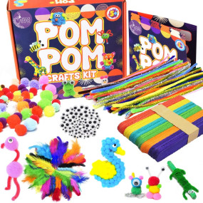 Asian Hobby Crafts Kids Pom Pom Crafts Kit with 250+ Craft Materials/Pipe Cleaners, Googly Eyes, Pompom Balls, Ice Cream Sticks, Color Feathers, Creative Supplies for DIY Art & Crafts Projects