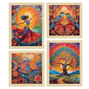 ArtX Paper Madhubani Art Paintings with Frame for Home Decor, Wall Painting for Living Room, Multicolor, Natural Wood Color Frames, Set of 4