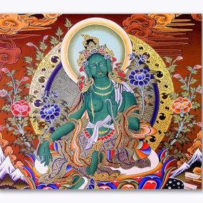 Tamatina Thangka Canvas Painting for Home, Living Room, Hall, Bedroom | Green Tara Goddess Traditional Painting for Home Decor | Size-13X11 Inches