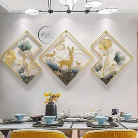 RIZIK STORE® Metal Abstract Figures handcrafted Wall Sculpture wall art multicolor for Home Decoration, Living room, drwaing room & Bedroom (PACK OF 3) WDD-NEW (DEER GOLD)