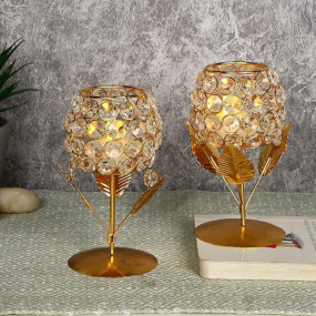 Collectible India Gold Plated Crystal Candle Holder Tea Light Stand Votive- Decorative Tealight Holders for Home Office Living Room Indoor Garden Dining Centerpiece Decoration (1 Box)