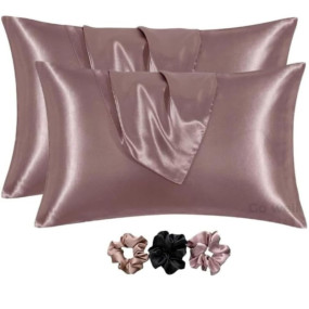 Go well Satin Silk Pillow Covers Pack of 2 for Hair and Skin-with Satin Scrunchies for Women Stylish|Satin Pillow cover for Hair and Ski|scrunchies for Women 3-Piece|Silk Pillow case(Rose taupe)800TC