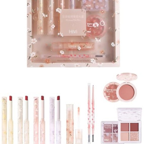 HiVi Flower Language Light Time Beauty Combo Pack Set | Makeup kit Palette 5 in 1 | Lipstick Set with Blusher Concealer Eyeshadow & Eyebrow Pencil | Long-Lasting Lip Glaze | Multi Use Concealer | Precision Eyebrow Pencil | Eyeshadow Palette | Pink Blush f