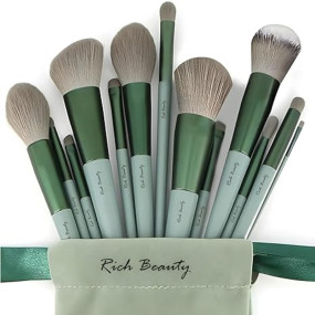 13-Piece Makeup Brush Set – Synthetic Bristles, Soft and Durable with Travel Pouch, Ideal for Blending, and Highlighting, green