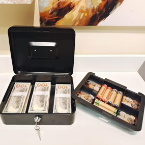 Wosta Cash Money Safe Box - Compact Solid Steel Lockable Security Storage Chest for Loose Money, Coins, Change & Valuables with 2 Keys - Removable Tray with 5 Coin Sections, 1 Bill Section - 8 Inch
